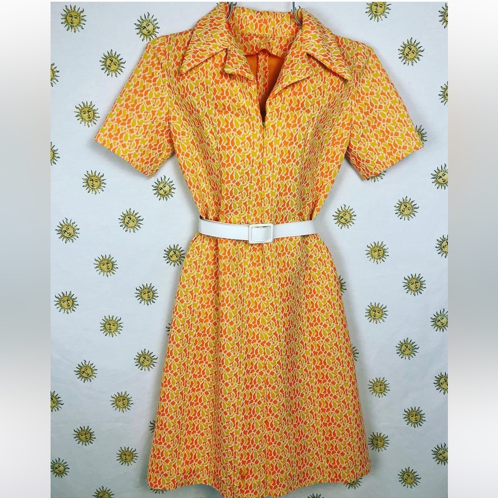 SOLD 
Vibrant Vintage 60s/70s Poly Zip Mini Dress Handmade Yellow Orange